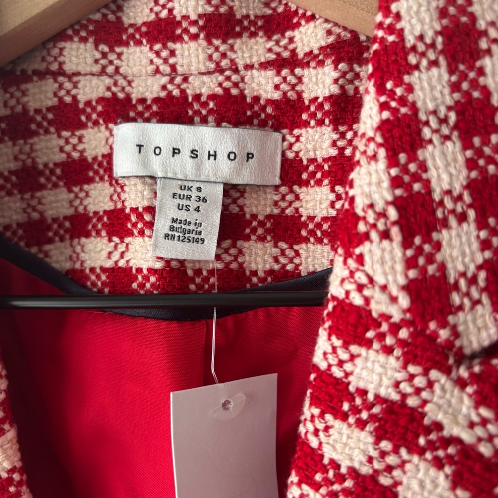 Topshop Red White Gingham Double Breast Blazer Sz US 4 - Picture 6 of 7